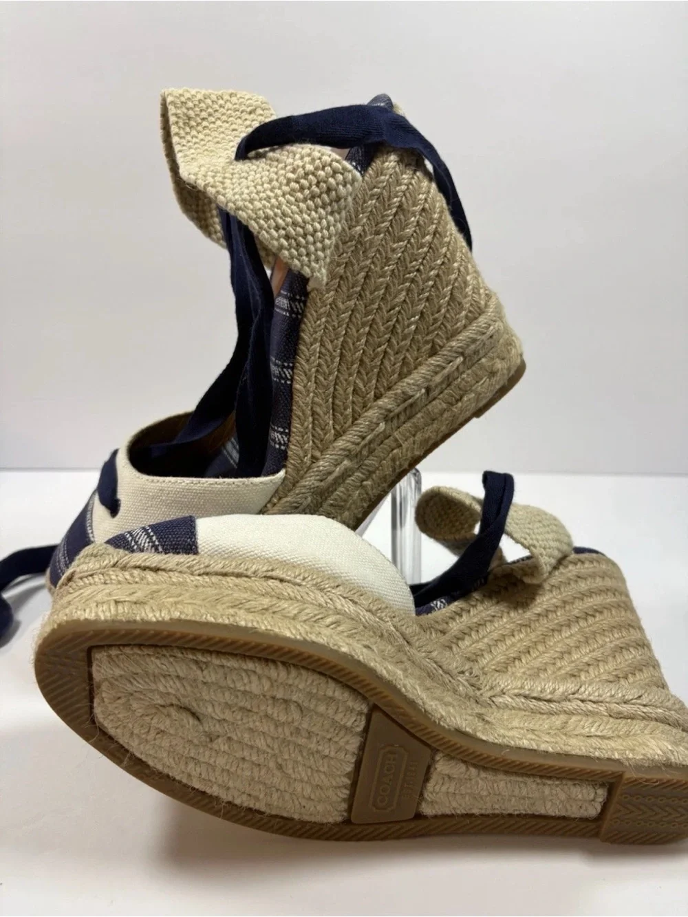 Coach Fern Ankle-tie Espadrille Wedge Sandals Blue and Beige